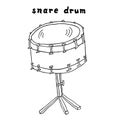 Snare drum sketch illustration. Hand drawn black and white percussion musical instrument clip art Royalty Free Stock Photo